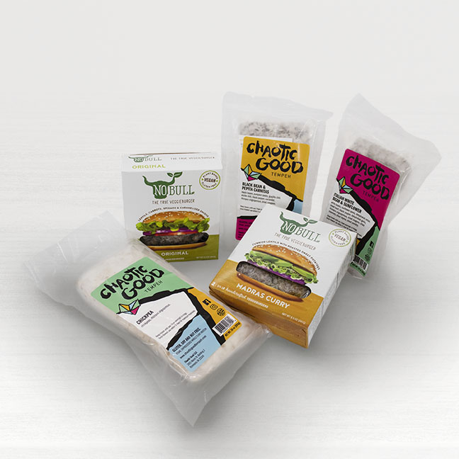 A variety of packaged plant proteins against a white background